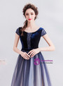 Shop 2019 Long & Short In Stock:Ship in 48 Hours Blue Tulle Velvet Bateau Cap Sleeve Prom Dress With Factory Price From Kemedress