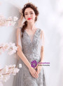 Shop 2019 Long & Short In Stock:Ship in 48 Hours Gray Tulle Lace V-neck Long Prom Dress With Factory Price From Kemedress