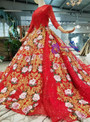 Shop 2019 Long & Short Red Ball Gown Sequins Embroidery 3/4 Sleeve Wedding Dress With Long Train With Factory Price From Kemedress