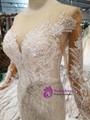Champagne Tulle Sequins Appliques Long Sleeve Beading Wedding Dress With Removable Train