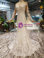 Champagne Tulle Sequins Appliques Long Sleeve Beading Wedding Dress With Removable Train