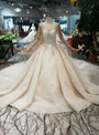 Shop 2019 Long & Short Champagne Tulle Sequins Bateau Long Sleeve Backless Wedding Dress With Factory Price From Kemedress