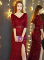 Shop 2019 Long & Short In Stock:Ship in 48 Hours Burgundy Sequins V-neck Short Sleeve Prom Dress With Factory Price From Kemedress