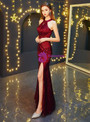 Shop 2019 Long & Short In Stock:Ship in 48 Hours Burgundy Sequins Halter Backless Prom Dress With Factory Price From Kemedress