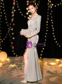 Shop 2019 Long & Short In Stock:Ship in 48 Hours Silver Gray V-neck Long Sleeve Prom Dress With Side Split With Factory Price From Kemedress