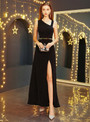 Shop 2019 Long & Short In Stock:Ship in 48 Hours Black Asymmetrical Neck Prom Dress With Sash With Factory Price From Kemedress
