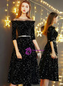 Shop 2019 Long & Short In Stock:Ship in 48 Hours Black Velvet Half Sleeve Prom Dress With Sash With Factory Price From Kemedress