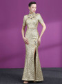 Shop 2019 Long & Short Gold Mermaid Sequins High Neck Short Sleeve Appliques Mother Of The Bride Dress With Factory Price From Kemedress