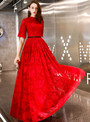 Shop 2019 Long & Short In Stock:Ship in 48 Hours Red Lace Short Sleeve Long Prom Dress With Factory Price From Kemedress