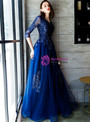 Shop 2019 Long & Short In Stock:Ship in 48 Hours Navy Blue Tulle 3/4 Sleeve Appliques Prom Dress With Factory Price From Kemedress
