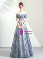 Shop 2019 Long & Short In Stock:Ship in 48 Hours Gray Blue Sequins Off the Shoulder Prom Dress With Factory Price From Kemedress