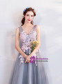 Shop 2019 Long & Short In Stock:Ship in 48 Hours Gray Tulle Appliques V-neck Prom Dress With Factory Price From Kemedress