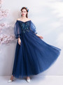 Shop 2019 Long & Short In Stock:Ship in 48 Hours Blue Tulle Puff Sleeve Prom Dress With Factory Price From Kemedress