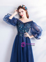 Shop 2019 Long & Short In Stock:Ship in 48 Hours Blue Tulle Puff Sleeve Prom Dress With Factory Price From Kemedress