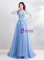 Shop 2019 Long & Short In Stock:Ship in 48 Hours Blue Tulle Off the Shoulder Appliques Prom Dress With Factory Price From Kemedress