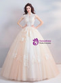 Shop 2019 Long & Short In Stock:Ship in 48 Hours Champagne Tulle High Neck Cap Sleeve Wedding Dress With Factory Price From Kemedress