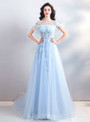 Shop 2019 Long & Short In Stock:Ship in 48 Hours Blue Tulle Appliques Cap Sleeve Prom Dress With Factory Price From Kemedress