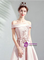 Shop 2019 Long & Short In Stock:Ship in 48 Hours Pink Satin Off the Shoulder Appliques Homecoming Dress With Factory Price From Kemedress