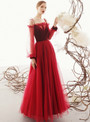 Red Tulle Spaghetti Straps Long Sleeve Long Floor Length Prom Dress