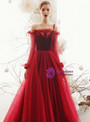 Red Tulle Spaghetti Straps Long Sleeve Long Floor Length Prom Dress
