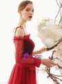 Red Tulle Spaghetti Straps Long Sleeve Long Floor Length Prom Dress