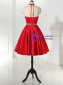 Simple Red Satin Halter Beaidng Crystal Homecoming Dress With Pocket