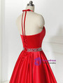 Simple Red Satin Halter Beaidng Crystal Homecoming Dress With Pocket