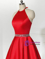 Simple Red Satin Halter Beaidng Crystal Homecoming Dress With Pocket