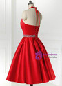 Simple Red Satin Halter Beaidng Crystal Homecoming Dress With Pocket