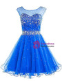 A-Line Blue Tulle Backless Beading Crystal Homecoming Dress