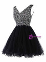 A-Line Black V-neck Tulle Beading Crystal Homecoming Dress 