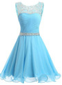 Blue Chiffon Scoop Neck Backless Beading Crystal Homecoming Dress