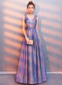 In Stock:Ship in 48 Hours A-Line Purple V-neck Pleats Long Prom Dress