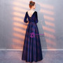 In StockIn:Ship in 48 Hours Navy Blue Velvet Satin 3/4 Sleeve Prom Dress With Sash