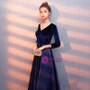In StockIn:Ship in 48 Hours Navy Blue Velvet Satin 3/4 Sleeve Prom Dress With Sash