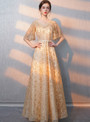 In Stock:Ship in 48 Hours Champagne Gold Lace V-neck Prom Dress
