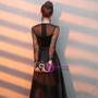 In Stock:Ship in 48 Hours A-Line Black Satin Long Sleeve Long Prom Dress