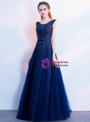 In Stock:Ship in 48 Hours A-Line Blue Tulle Beadings Long Prom Dress With Bow