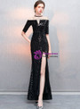 In Stock:Ship in 48 Hours Sexy Black Mermaid Sequins Short Sleeve Prom Dress With Side Split