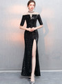 In Stock:Ship in 48 Hours Sexy Black Mermaid Sequins Short Sleeve Prom Dress With Side Split