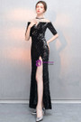 In Stock:Ship in 48 Hours Sexy Black Mermaid Sequins Short Sleeve Prom Dress With Side Split