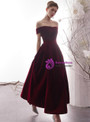 High quality Burgundy Velvet Off the Shoulder Ankle Length Prom Dress With Pocket