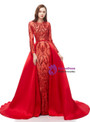 Romantic Red Mermaid Sequins Long Sleeve Prom Dress With Removable Train