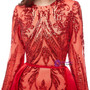 Romantic Red Mermaid Sequins Long Sleeve Prom Dress With Removable Train