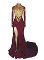 Charming Burgundy Long Sleeve Appliques Mermaid High Neck Prom Dress
