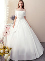 Fashion White Ball Gown Satin Off the Shoulder Short Sleeve Wedding Dress