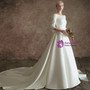 Fancy White Satin Short Sleeve Backless Wedding Dress With Bow