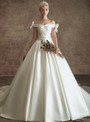 Trendy White Ball Gown Satin Off the Shoulder Wedding Dress With Bow