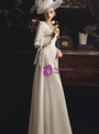 Exquisite White Satin V-neck Long Sleeve Backless Wedding Dress With Bow
