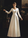 Exquisite White Satin V-neck Long Sleeve Backless Wedding Dress With Bow